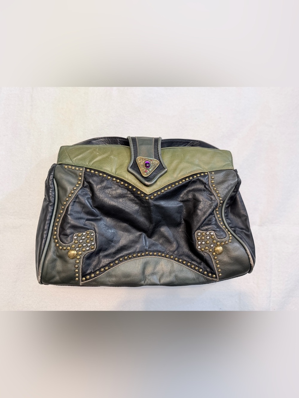 Vintage Black and Olive Green Studded Shoulder Bag with Jewel Accent